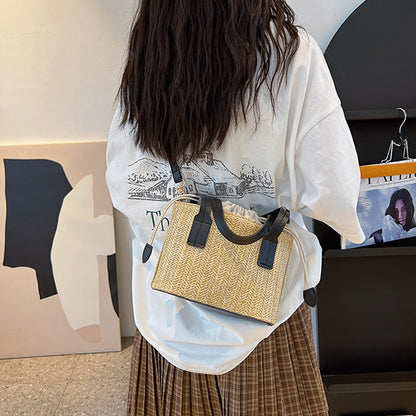 Sac à bandoulière en paille tissée décontractée pour femme, à la mode, avec cordon de serrage, pour l'été 