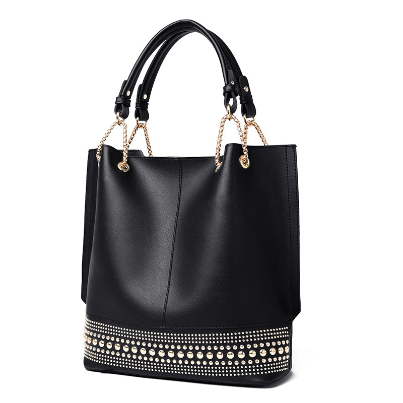 3 In 1 Women Fashion Rivet Decorative Solid Color Large Capacity PU Handle Bag