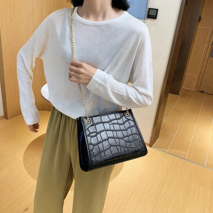 Women Casual Chain Design Stone Pattern PU Shoulder Bag