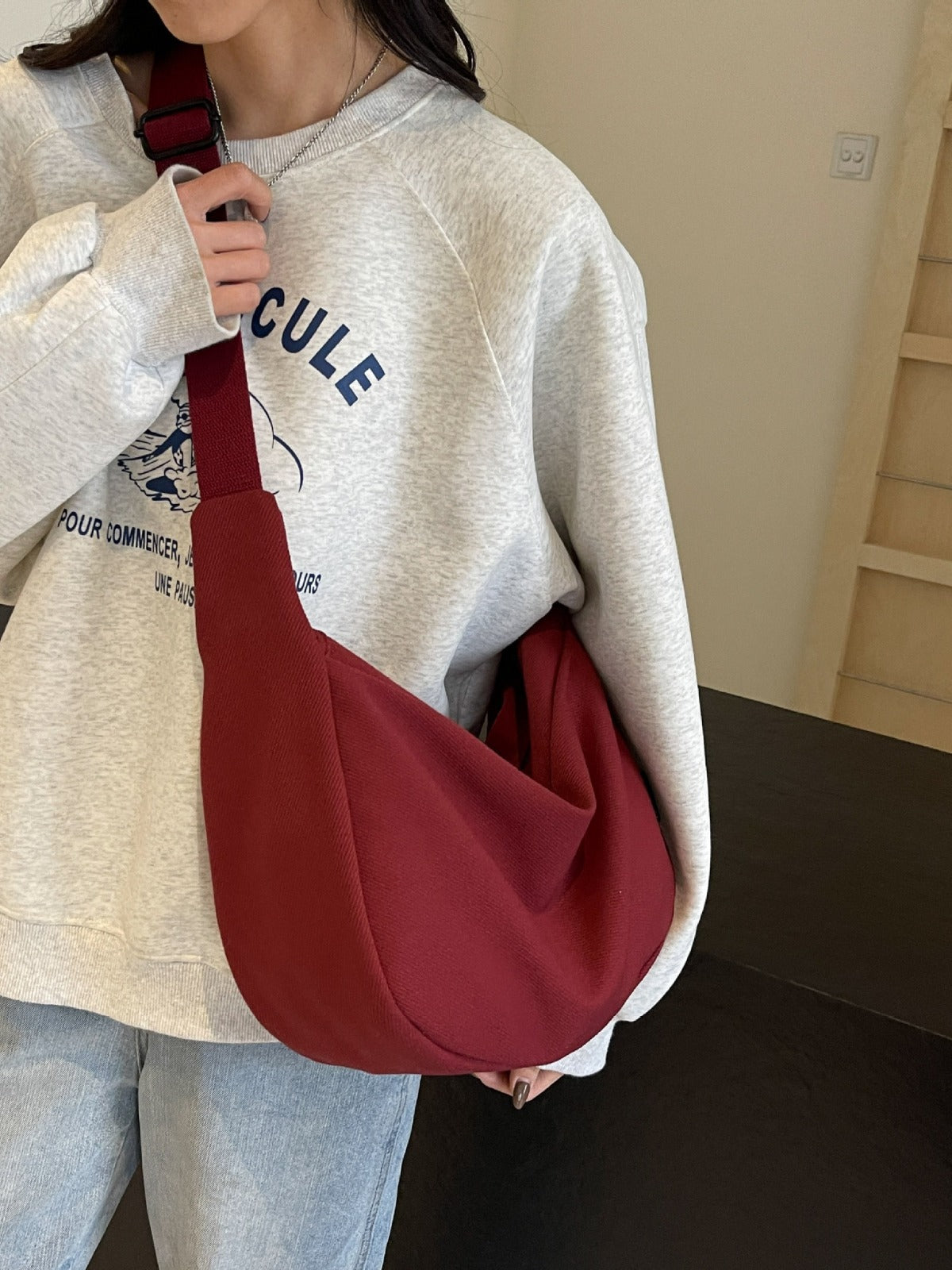 Sac à bandoulière en toile de couleur unie, design simple et tendance, grande capacité 