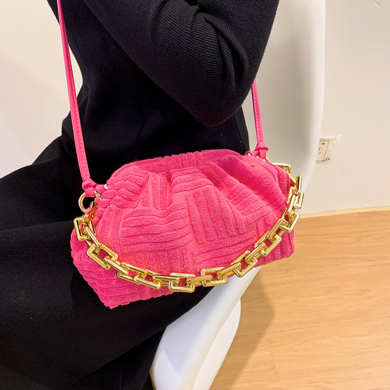 Women Casual Thick Chain Crease Design Solid Color Soft Fabric Crossbody Clutch Bag