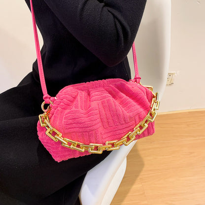 Women Casual Thick Chain Crease Design Solid Color Soft Fabric Crossbody Clutch Bag