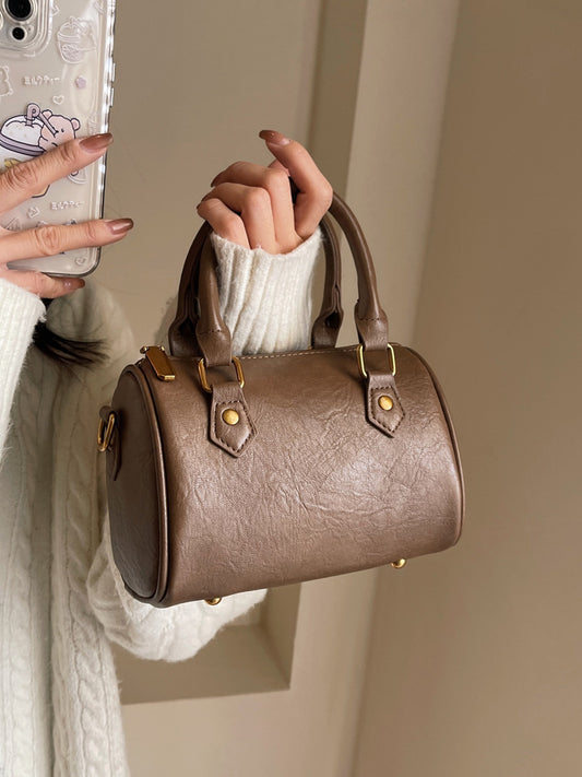 Sac à main cylindrique rétro couleur unie pour femme 