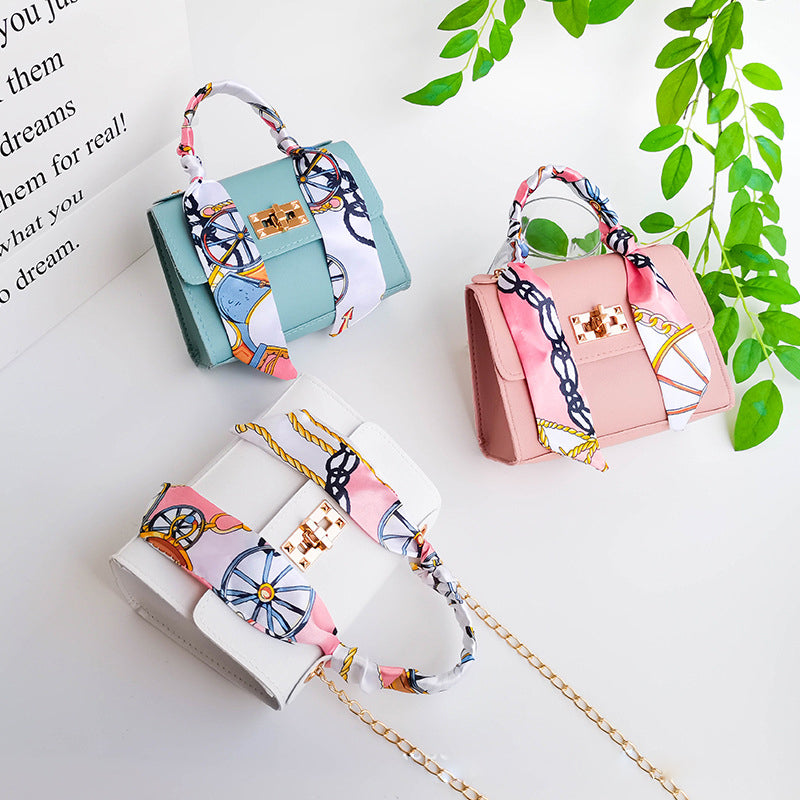 Women Elegant Flap Buckle Design Silk Scarf Decoration Solid Color PU Crossbody Bag