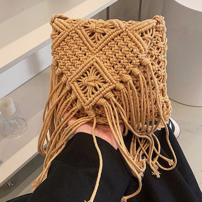 Women Casual Boho Solid Color Tassel Woven Vacation Shoulder Bag