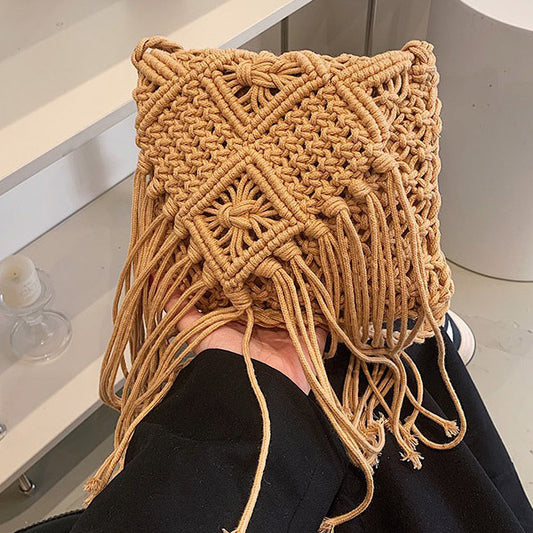 Women Casual Boho Solid Color Tassel Woven Vacation Shoulder Bag