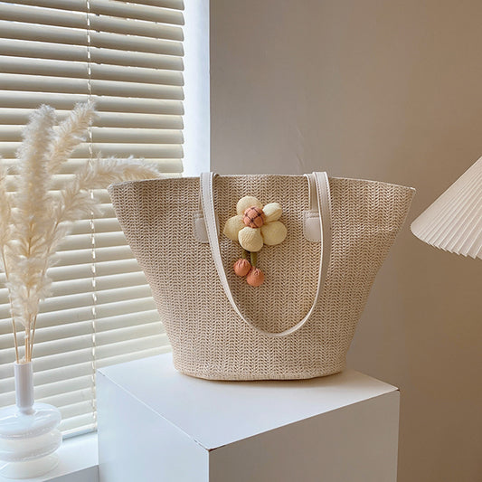 Sac fourre-tout en paille tissée à la mode pour femme, grande capacité, motif floral tridimensionnel 