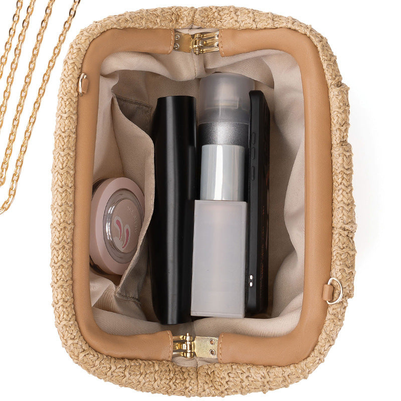 Women Fashion Solid Color Straw Woven Chain Crossbody Bag