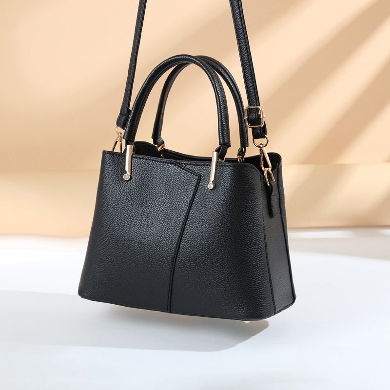 Women Fashionable Simple Litchi Pattern Large Capacity PU Handle Shoulder Bag