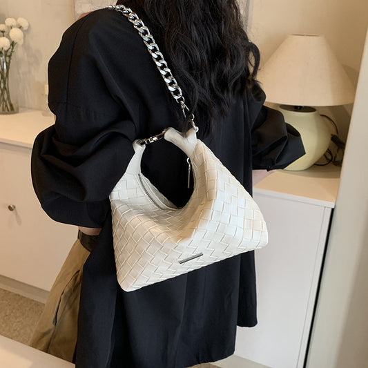 Women Fashion Simple Solid Color Woven Chain Shoulder Bag