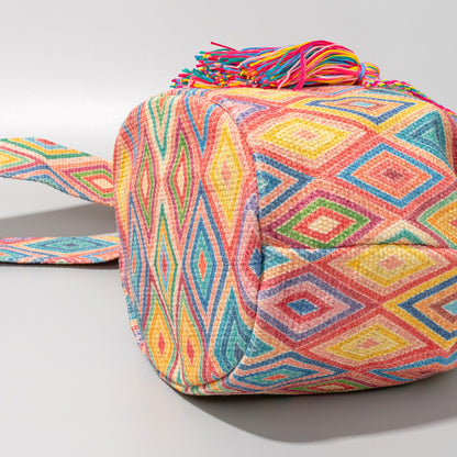 Women Bohemian Ethnic Style Jacquard Knitted Tassel Pendant Bucket Shoulder Bag