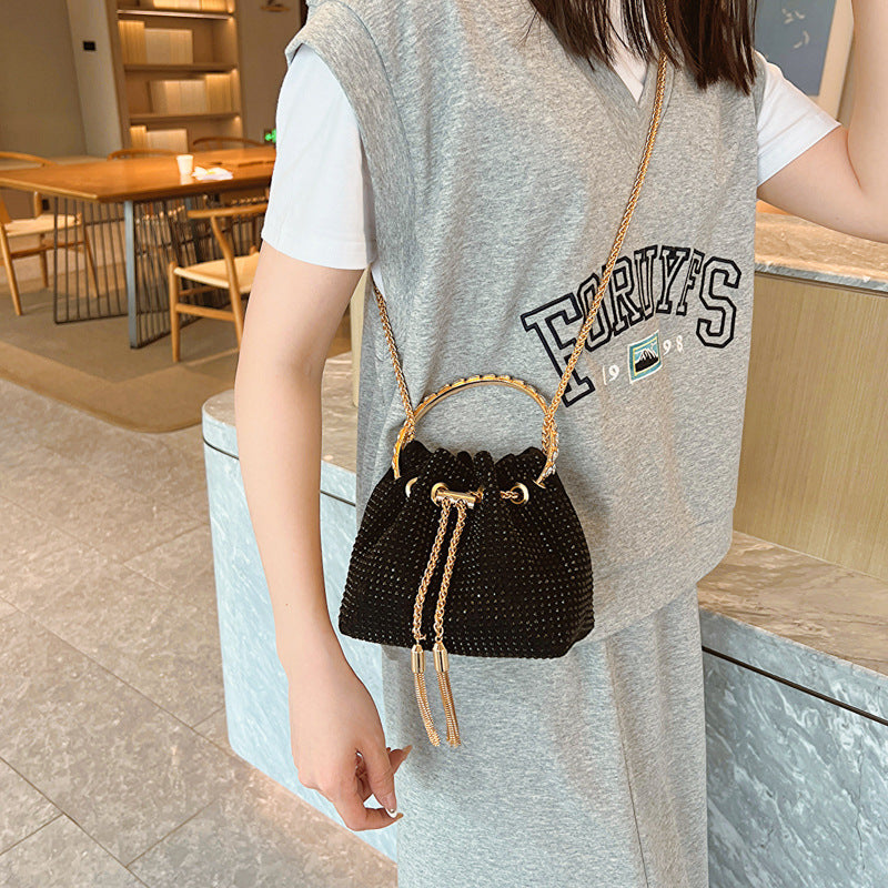 Women Fashion Fine Flash Rhinestone Tassel Drawstring Bucket Crossbody Bag