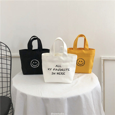 Simple Solid Color Smiley Print Canvas Shopping Bag