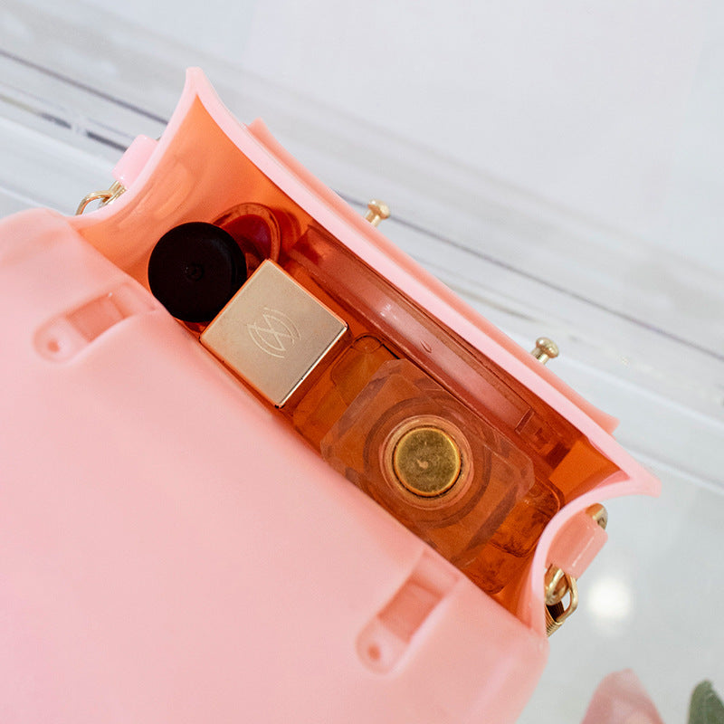 Women Fashion Solid Color PVC Silicone Square Mini Chain Crossbody Bag