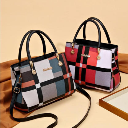 Women Elegant Color Blocking Large Capacity PU Handle Bag