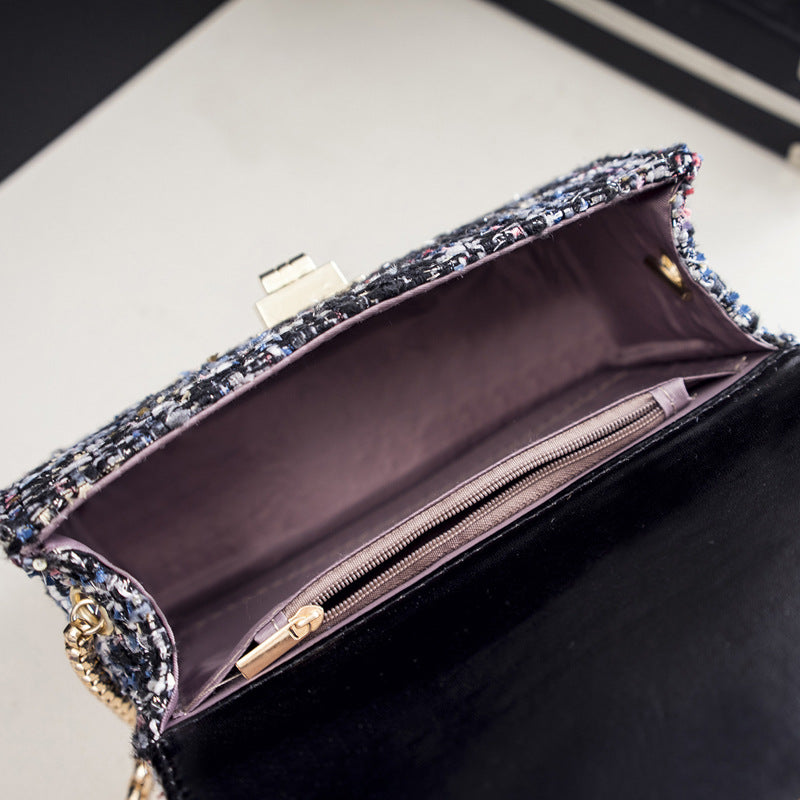 Women Fashionable Woolen Plaid Flap Lock Square Chain Crossbody Bag