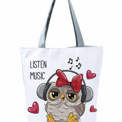 Simple White Creative Cartoon Owl Print Shopping Bag