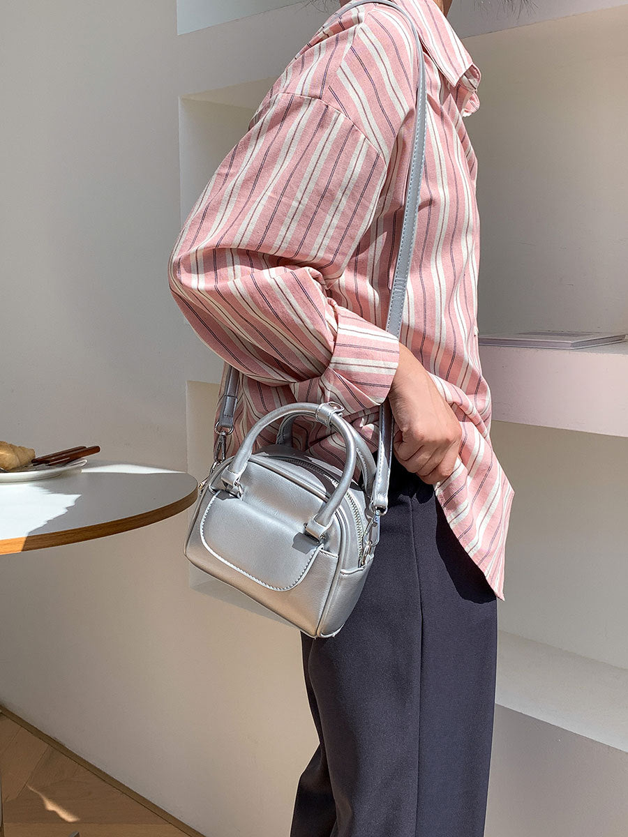 Women Fashion Boston PU Zip Flap Handle Shoulder Bag