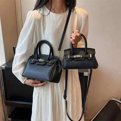Women Fashion Solid Color Lock PU Handle Shoulder Bag