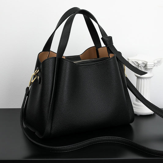 Women Fashionable Simple Solid Color Large Capacity PU Handle Shoulder Bag