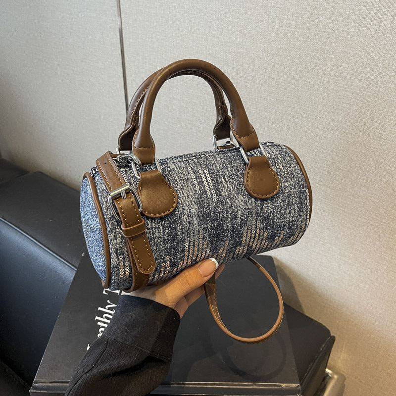 Sac à bandoulière cylindrique à paillettes vintage avec fermeture éclair 