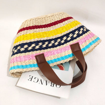 Women Fashion Bohemian Straw Bag Contrast Color Stripe Large Capacity Handbag