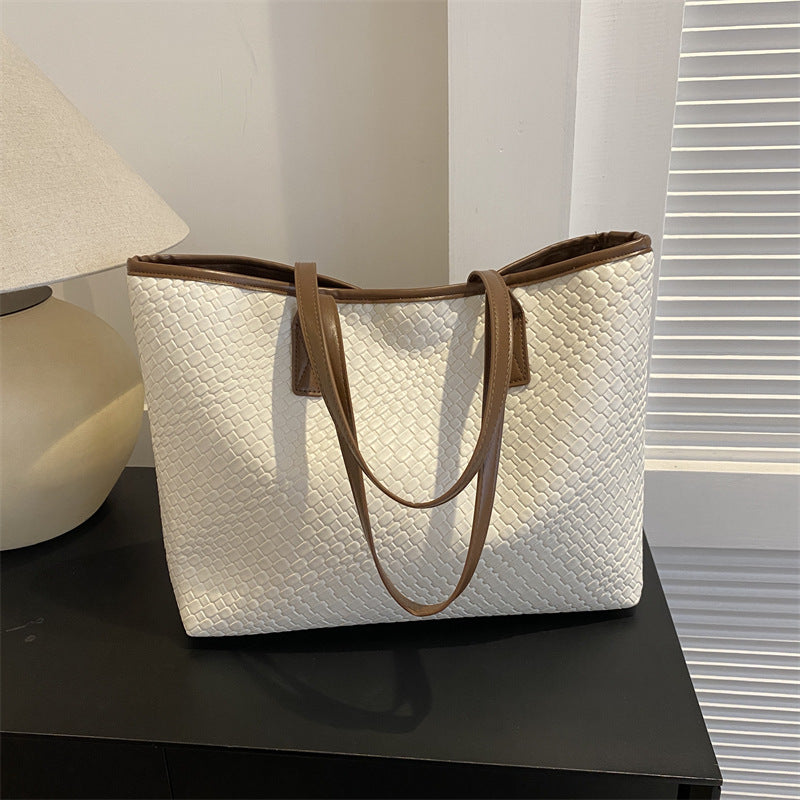 Women Fashionable Solid Color Woven Large Capacity Tote Bag