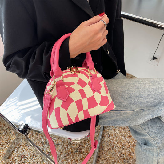 Women Chic Zipper Design Shell ShapedColor Blocking PU Handle Bag