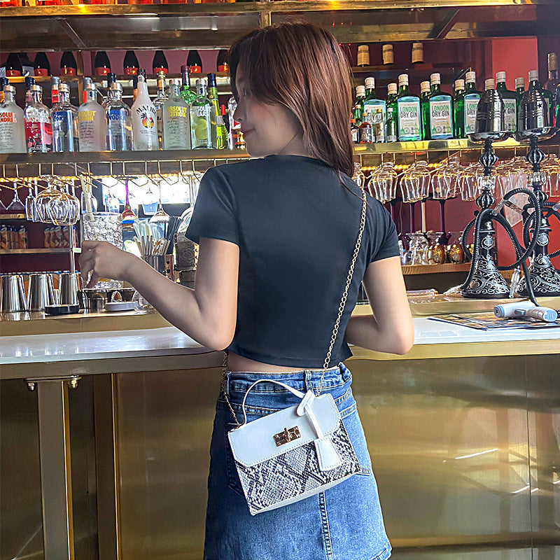 Women Vintage Flap Buckle Design Snake Pattern PU Crossbody Bag