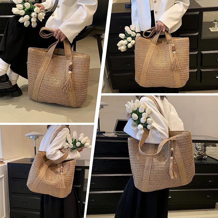 Summer Women Leisure Vacation Beach Grass Woven Tassel Pendant Tote Bag