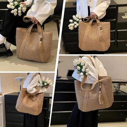 Summer Women Leisure Vacation Beach Grass Woven Tassel Pendant Tote Bag