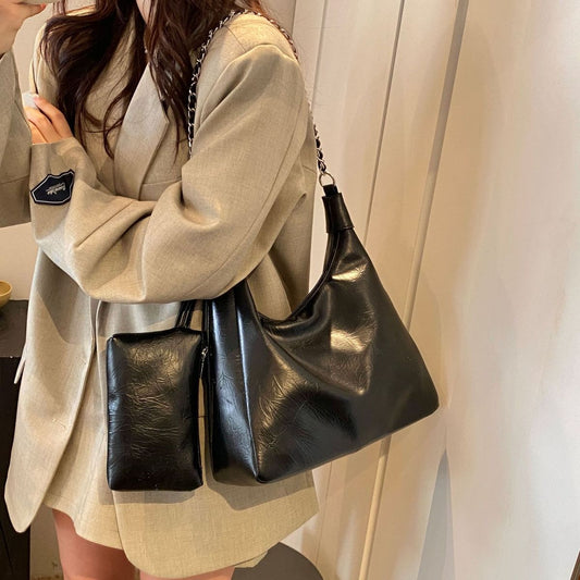 Women Fashionable Solid Color Large Capacity Zipper Shoulder PU Tote Bag