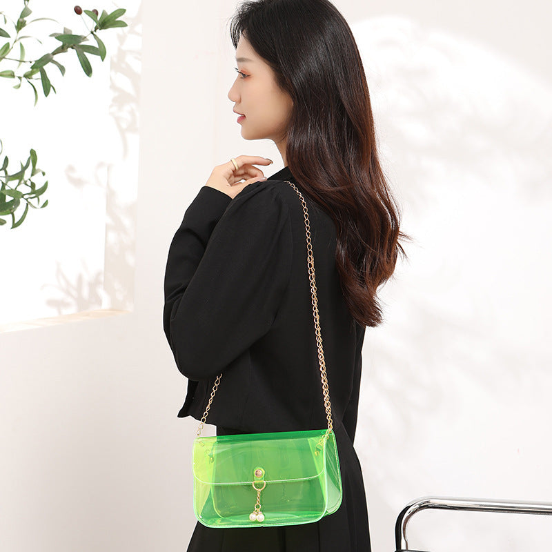 Women Fashion Simple Transparent Clear Acrylic Pearl Pendant Chain Messenger Mini Bag