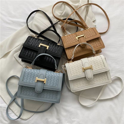 Women Fashion Solid Color Woven Rhomboid Flap PU Crossbody Bag