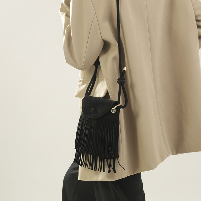 Women Fashion Suede Fringe Flap-On Crossbody Bag