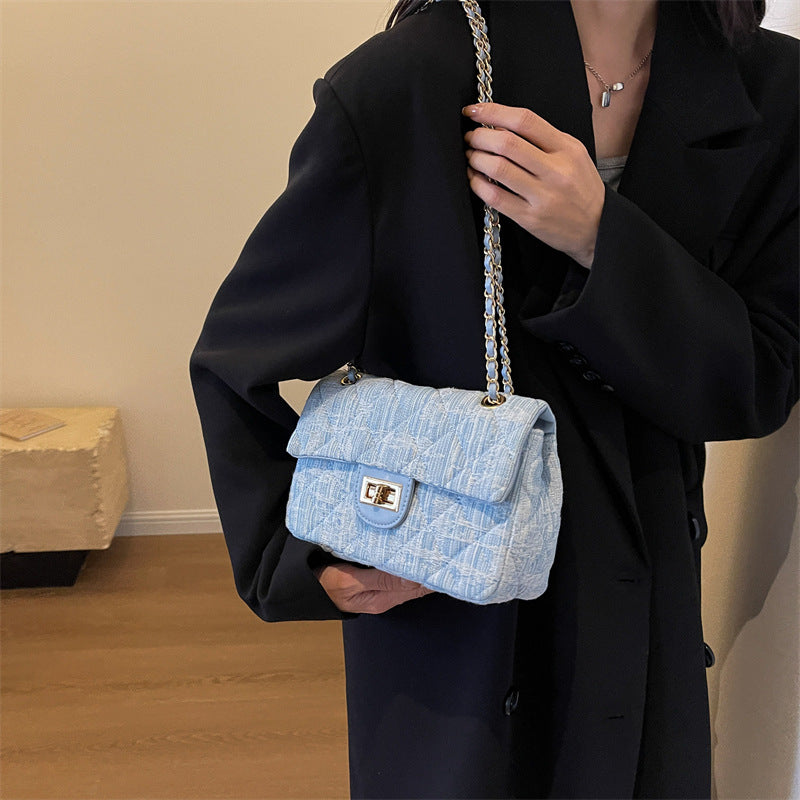 Women Fashion Casual Plaid Denim Chain Crossbody Bag