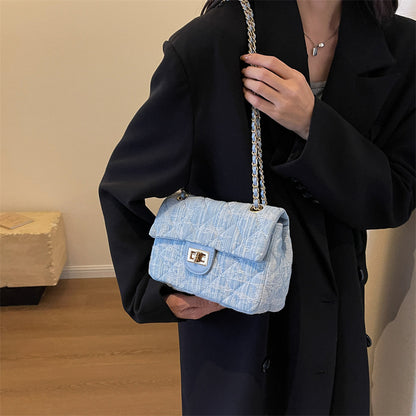 Women Fashion Casual Plaid Denim Chain Crossbody Bag