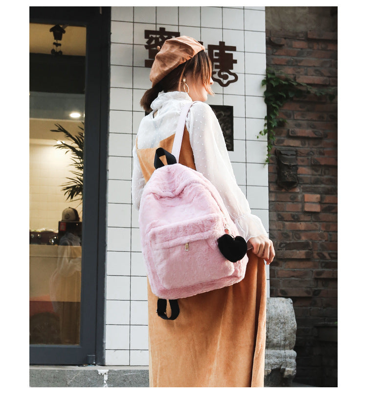 Women Casual Zipper Heart Pendant Design Solid Color Plush Large Capacity Backpack