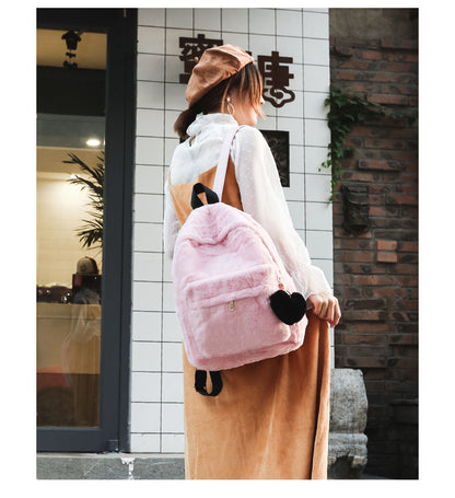 Women Casual Zipper Heart Pendant Design Solid Color Plush Large Capacity Backpack