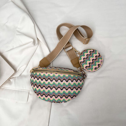 Summer Women Fashion Ethnic Style Color Block Straw Woven Crossbody Chest Bag