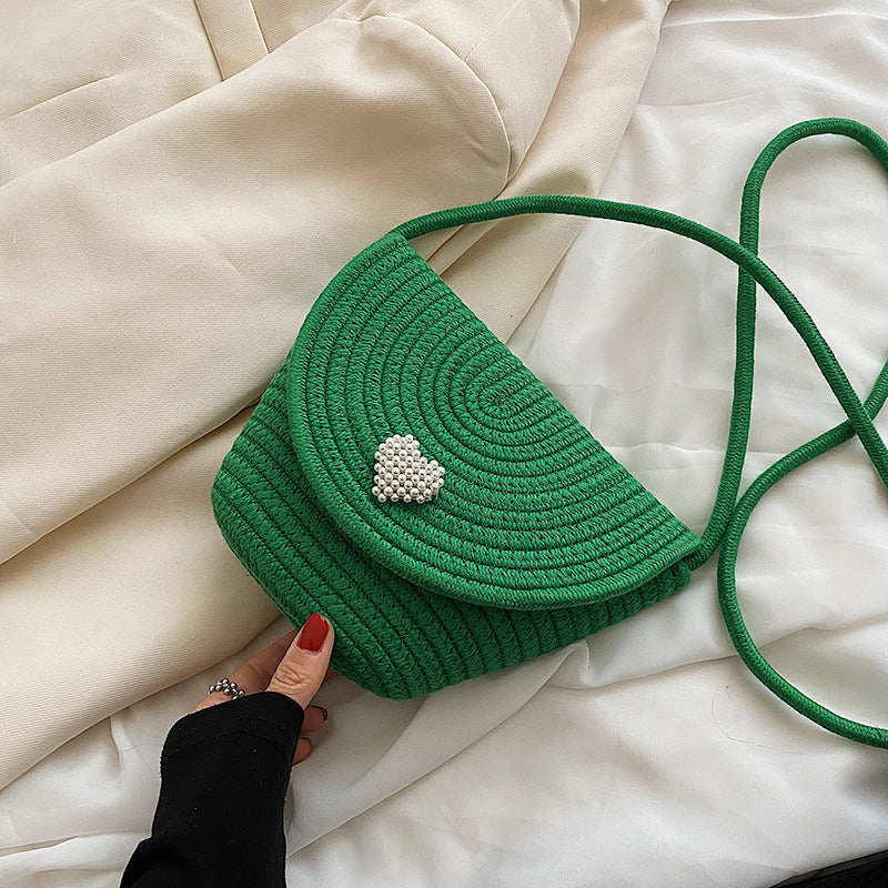 Women Fashionable Casual Straw Woven Heart-Shaped Pearl-Embellished Flap-On Crossbody Bag