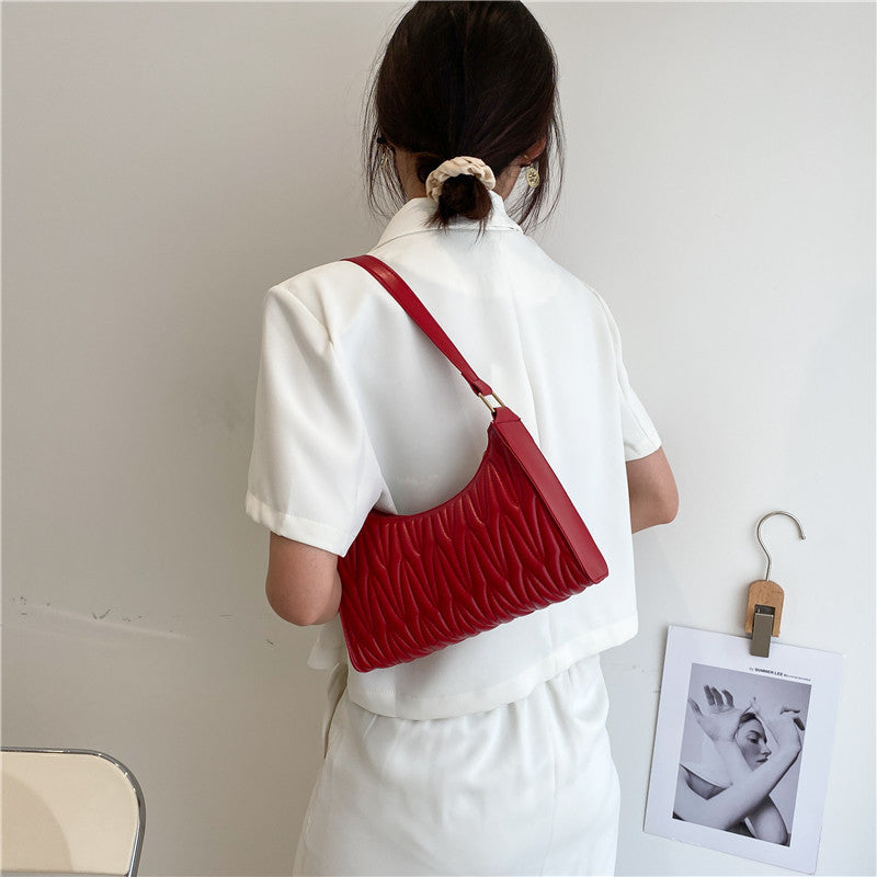 Women Basic Zipper Crease Design Solid Color PU Underarm Bag