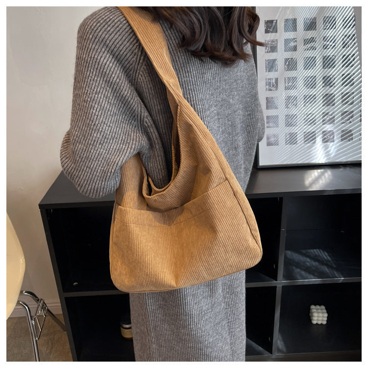 Women Fashion Casual Large Capacity Solid Color Corduroy Crossbody Bag