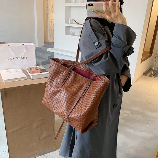 Women Vintage Solid Color Large Capacity PU Shoulder Bag