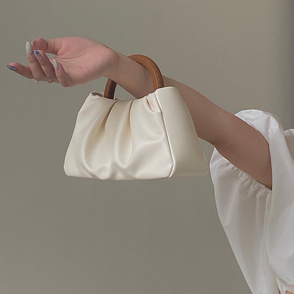 Wooden Handle Pleated Cloud Small Handbag Women One-Shoulder Mini Bag