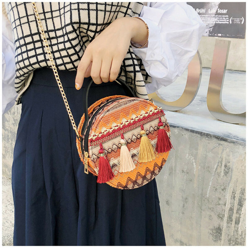 Women Boho Tassel Decorative Woven Design Color Blocking Crossbody Bag