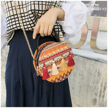 Women Boho Tassel Decorative Woven Design Color Blocking Crossbody Bag