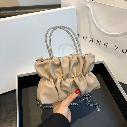 Women Cute Sweet Creased Rhinestone Handle Chain Crossbody Bag