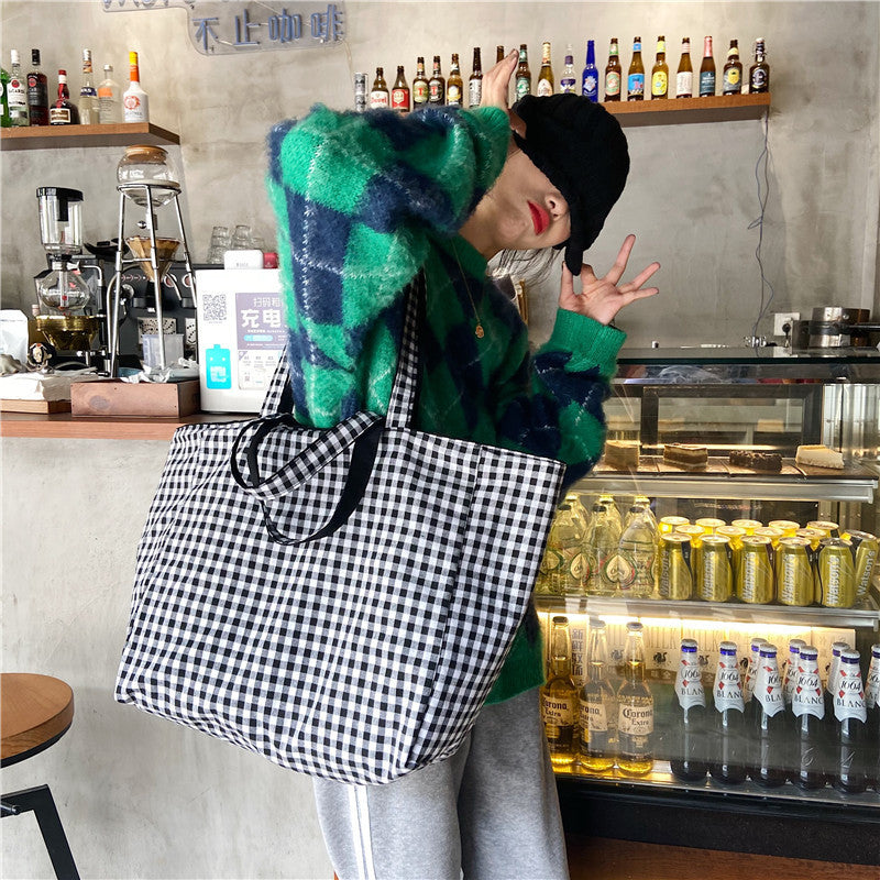 Women Casual Design Plaid Pattern Canvas Large Capacity Shoulder Handle Tote Bag