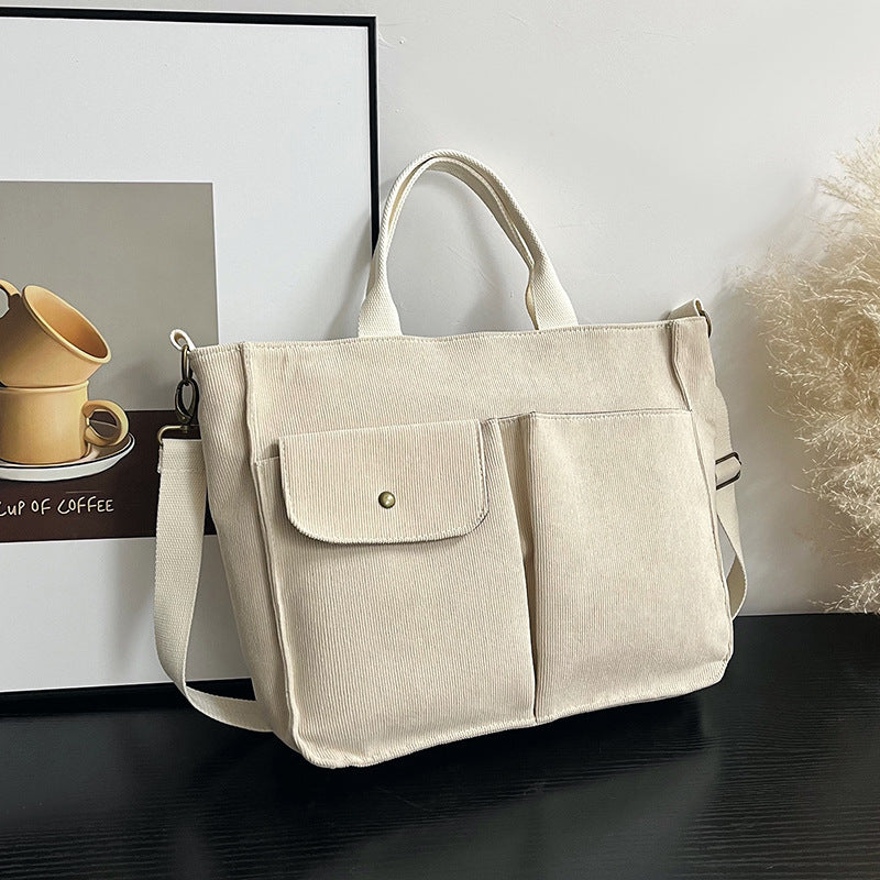 Women Casual Simple Solid Color Large Capacity Corduroy Handbag